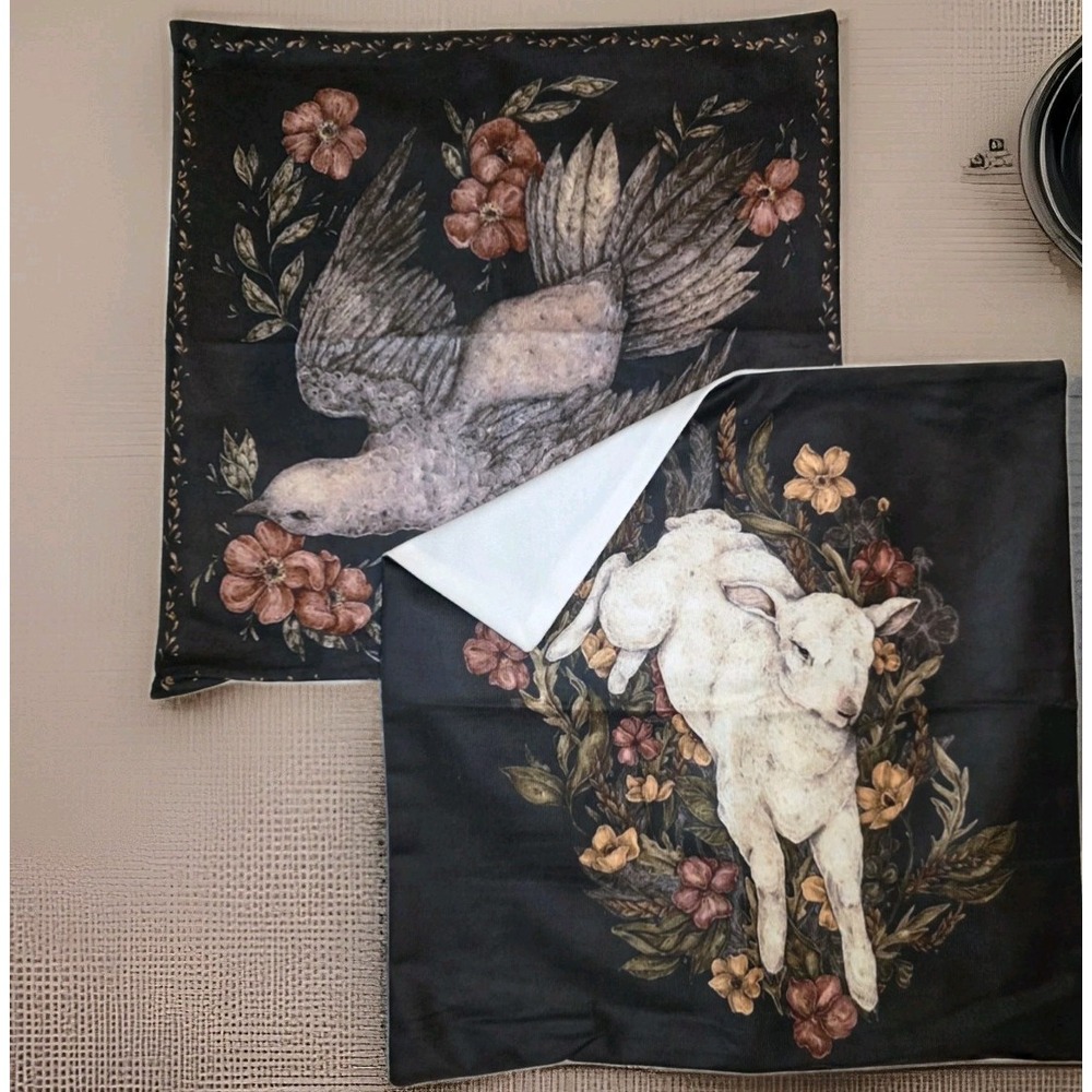 Dove & Lamb Dark Floral Print Pillow Covers Set 18x18 Black Zip Old World Cotage